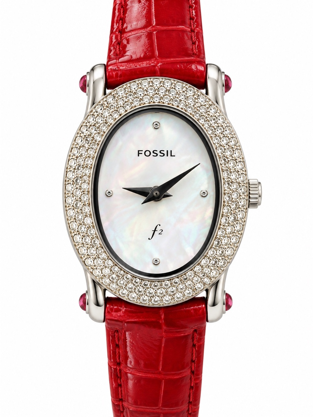 Fossil Women's Red and Silver Watch Cubic Zirconia Leather Band Working Watch